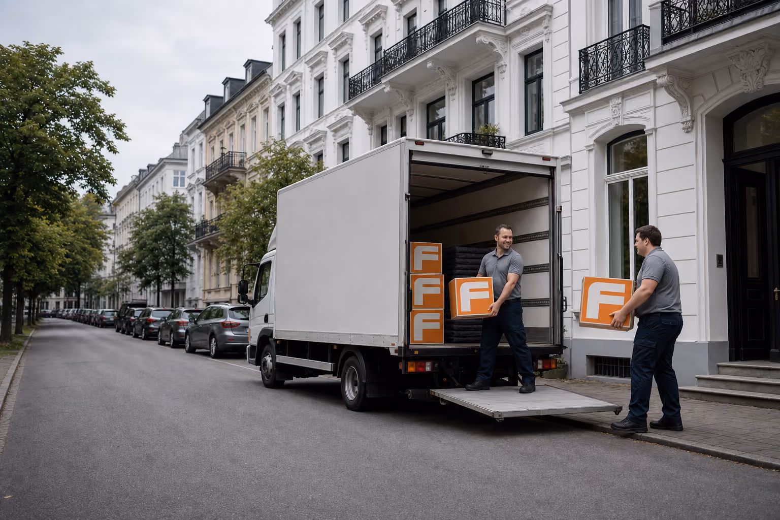 Fuhrmann Umzugsteam belädt einen LKW in einer Hamburger Wohnstraße
