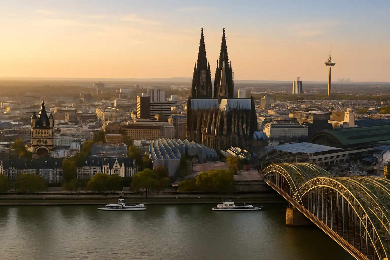 Kölner Dom und Rheinufer aus der Vogelperspektive