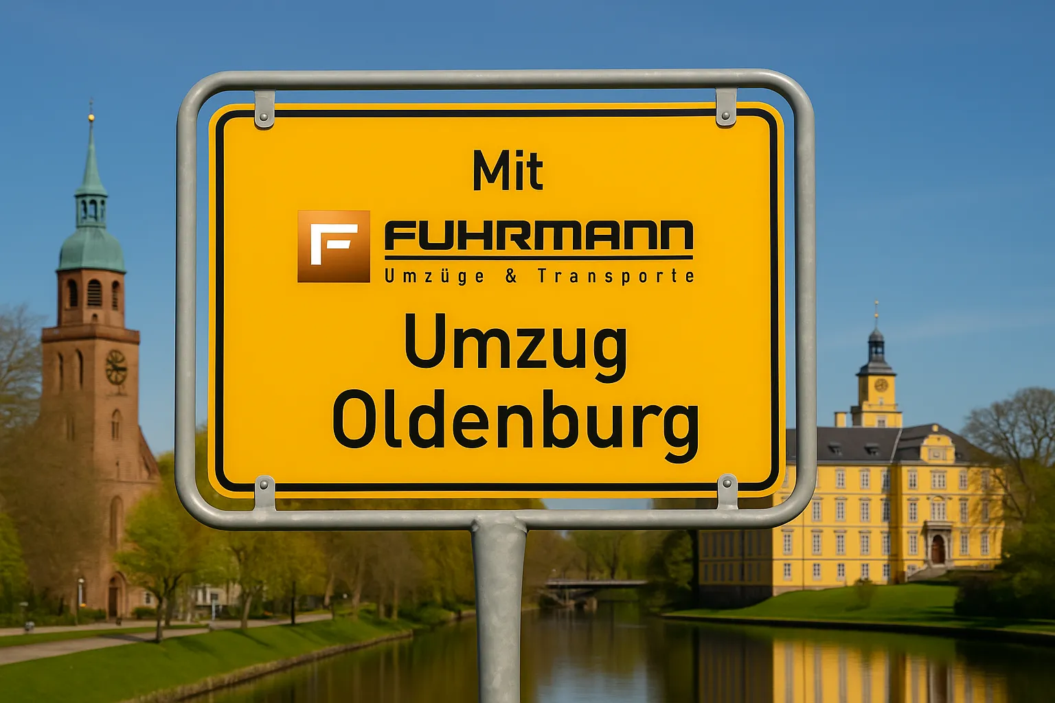 Mit Fuhrmann Umzüge nach Oldenburg in Holstein — gelbes Ortsschild mit Fuhrmann-Branding