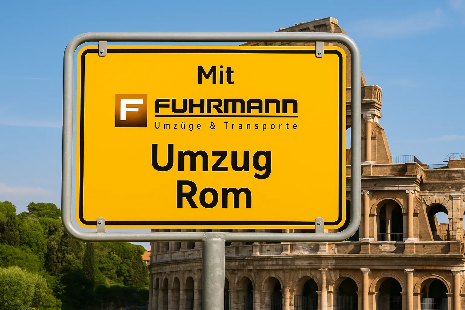 Mit Fuhrmann Umzüge nach Rom — gelbes Ortsschild vor dem Kolosseum