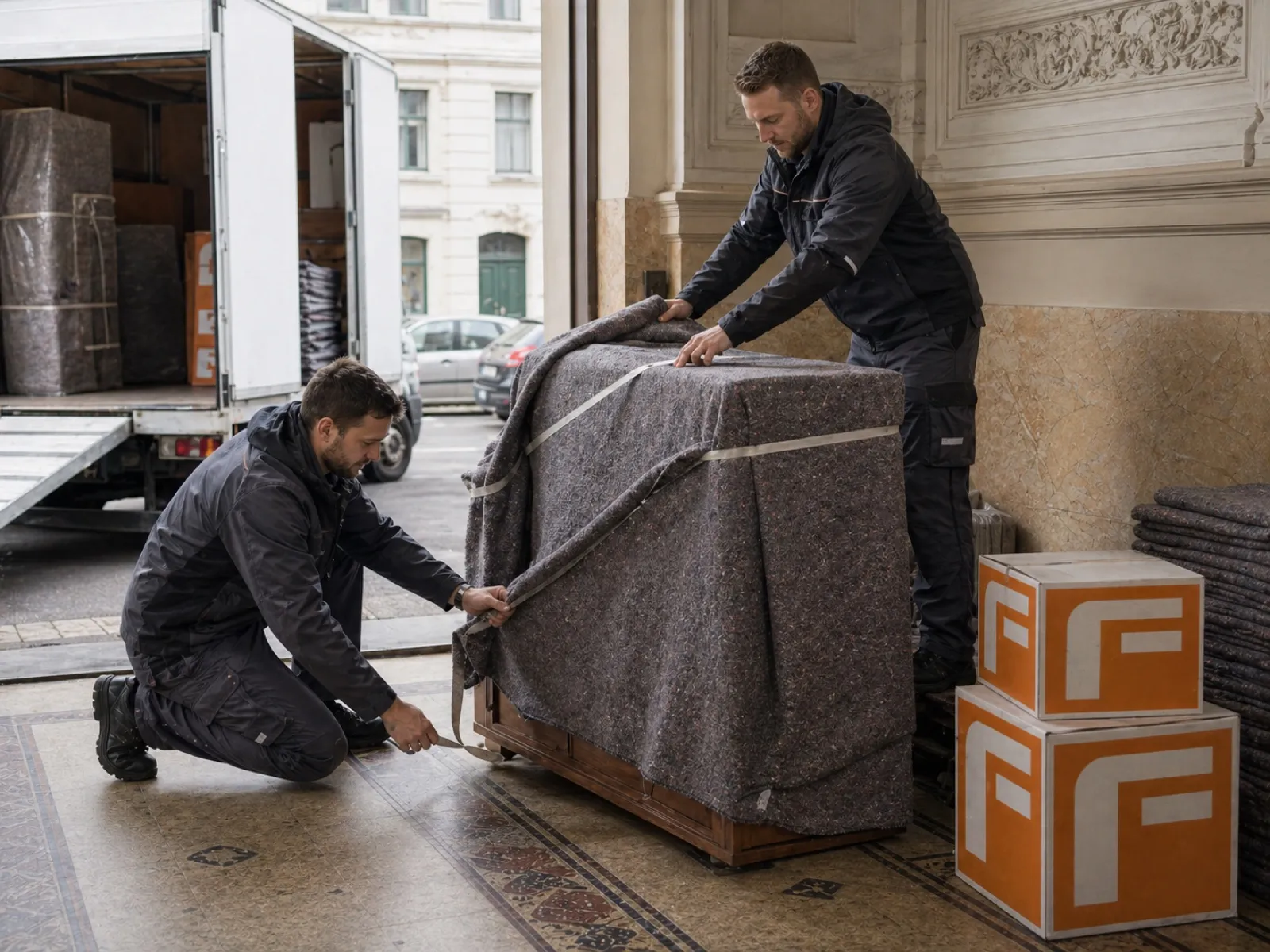 Fuhrmann-Mitarbeiter sichern ein Möbelstück mit Schutzdecken und Gurten vor dem Transport in Hamburg
