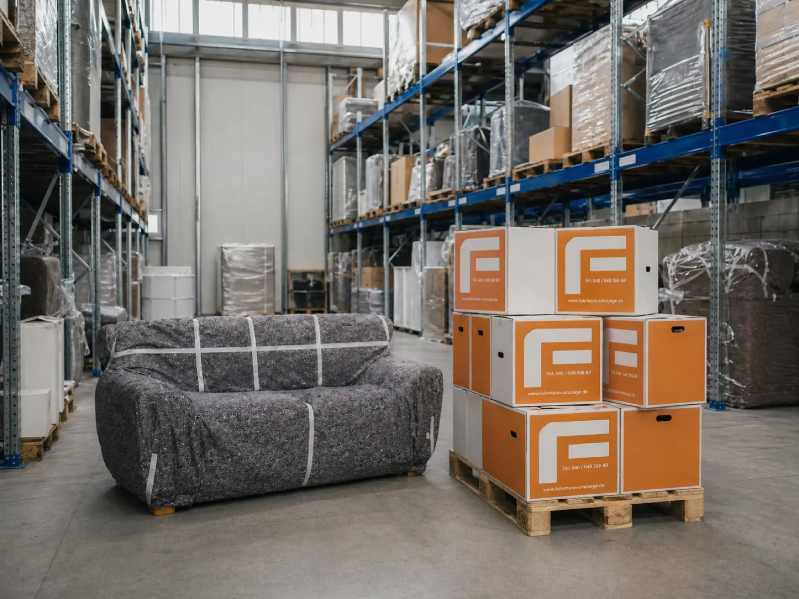 Lager mit Hochregalen: in Möbeldecken eingewickelte Couch und gestapelte orange-weiße Fuhrmann-Kartons mit F-Logo auf einer Holzpalette