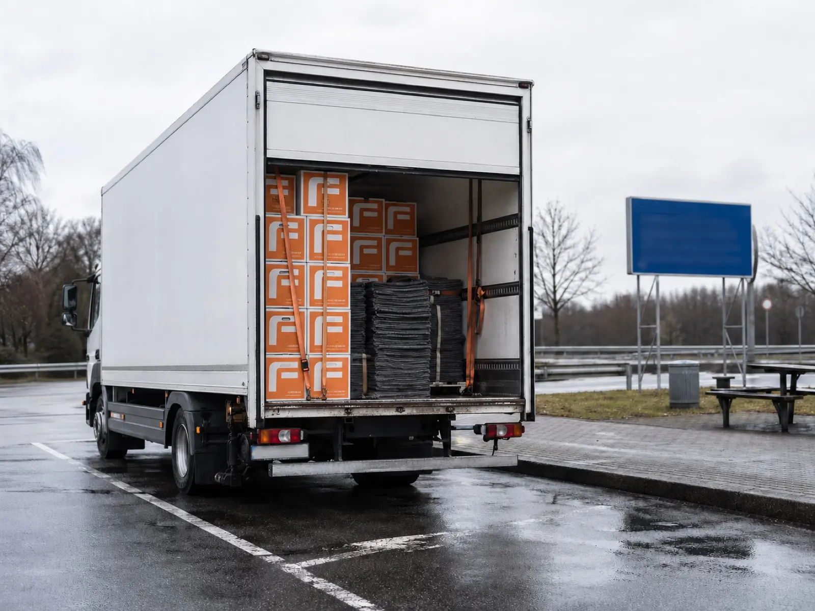 Weißer Fuhrmann-LKW mit offener Hecktür auf einem Autobahn-Rastplatz, beladen mit gestapelten orange-weißen Fuhrmann-Kartons mit F-Logo