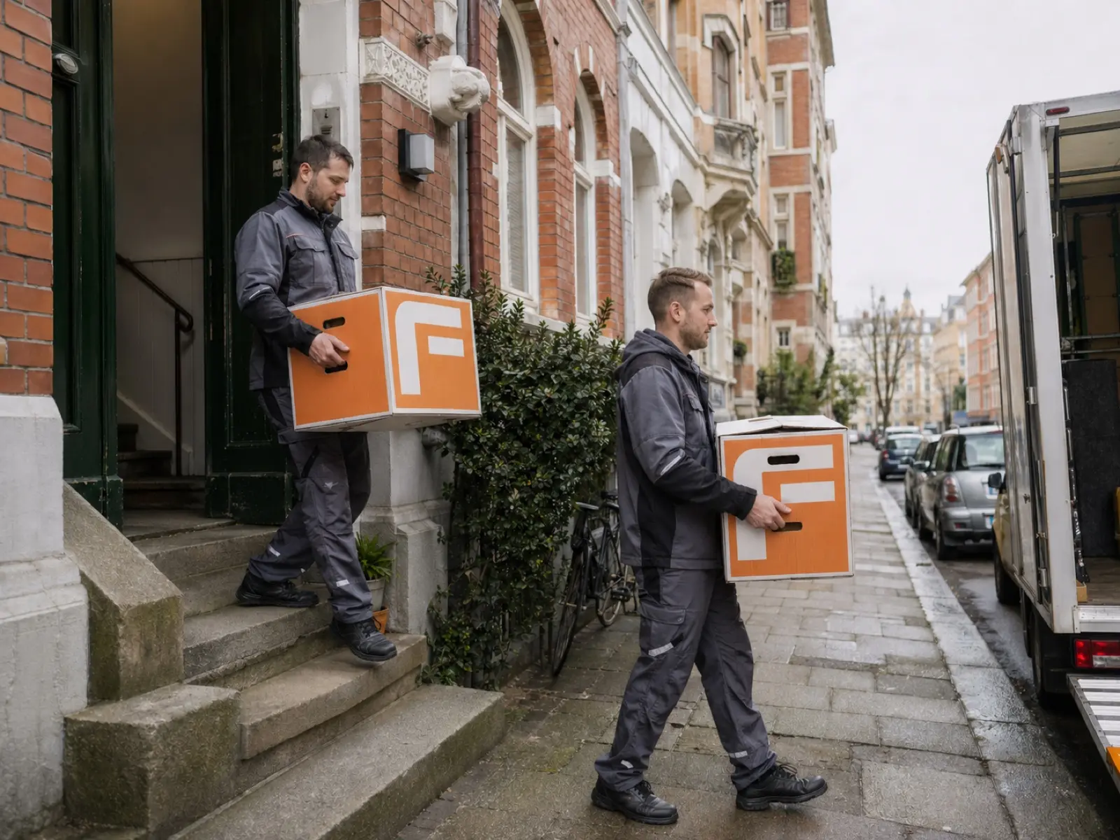 Zwei Mover von Fuhrmann tragen orange-weiße Fuhrmann-Kartons mit F-Logo aus einem Hamburger Altbau zum LKW