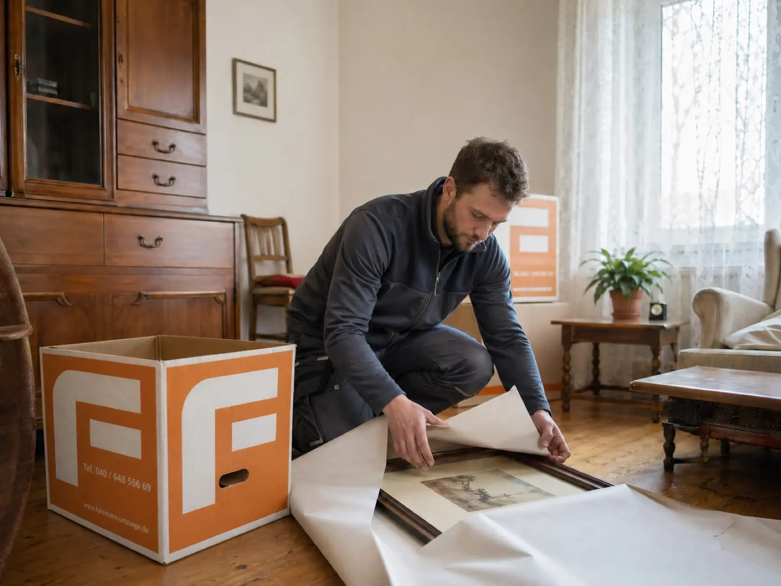Mover verpackt behutsam einen gerahmten Bilderrahmen in einer ruhigen Seniorenwohnung