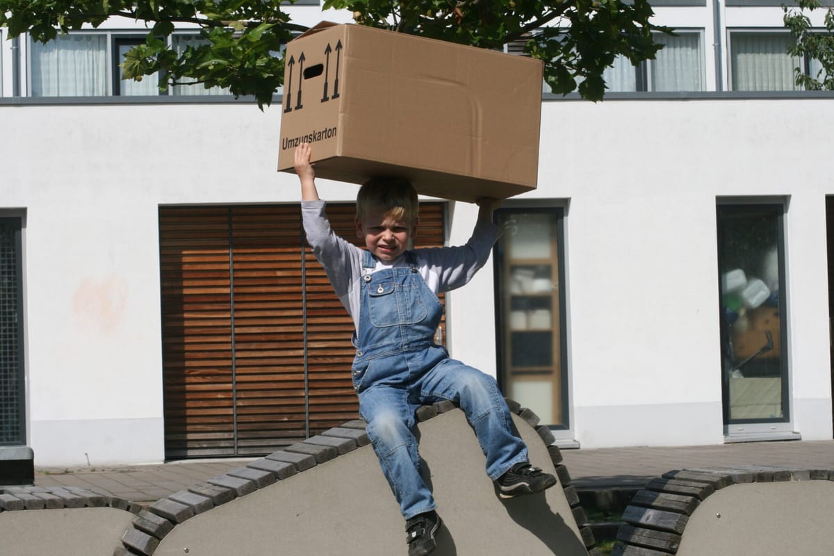 Nachwuchs-Umzugshelfer mit Umzugskarton